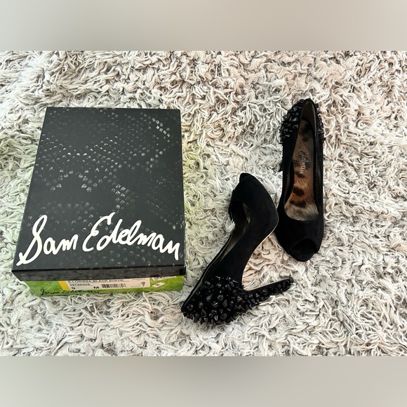 Black suede spiked studded Sam Edelman heels, Size 9 - Picture 10 of 16